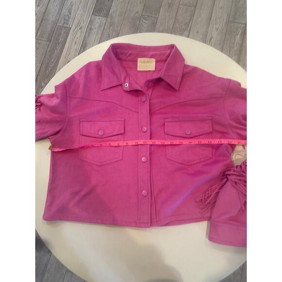 Judith March Pink Faux Suede Squad Rhinestone Fringe Western snaps Omega Shirt - Picture 7 of 11